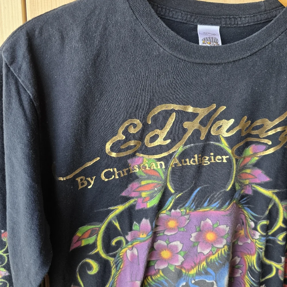 Christian Audigier Ed Hardy Long Sleeve Black Skull Floral Print Shirt Mens S - Picture 8 of 15